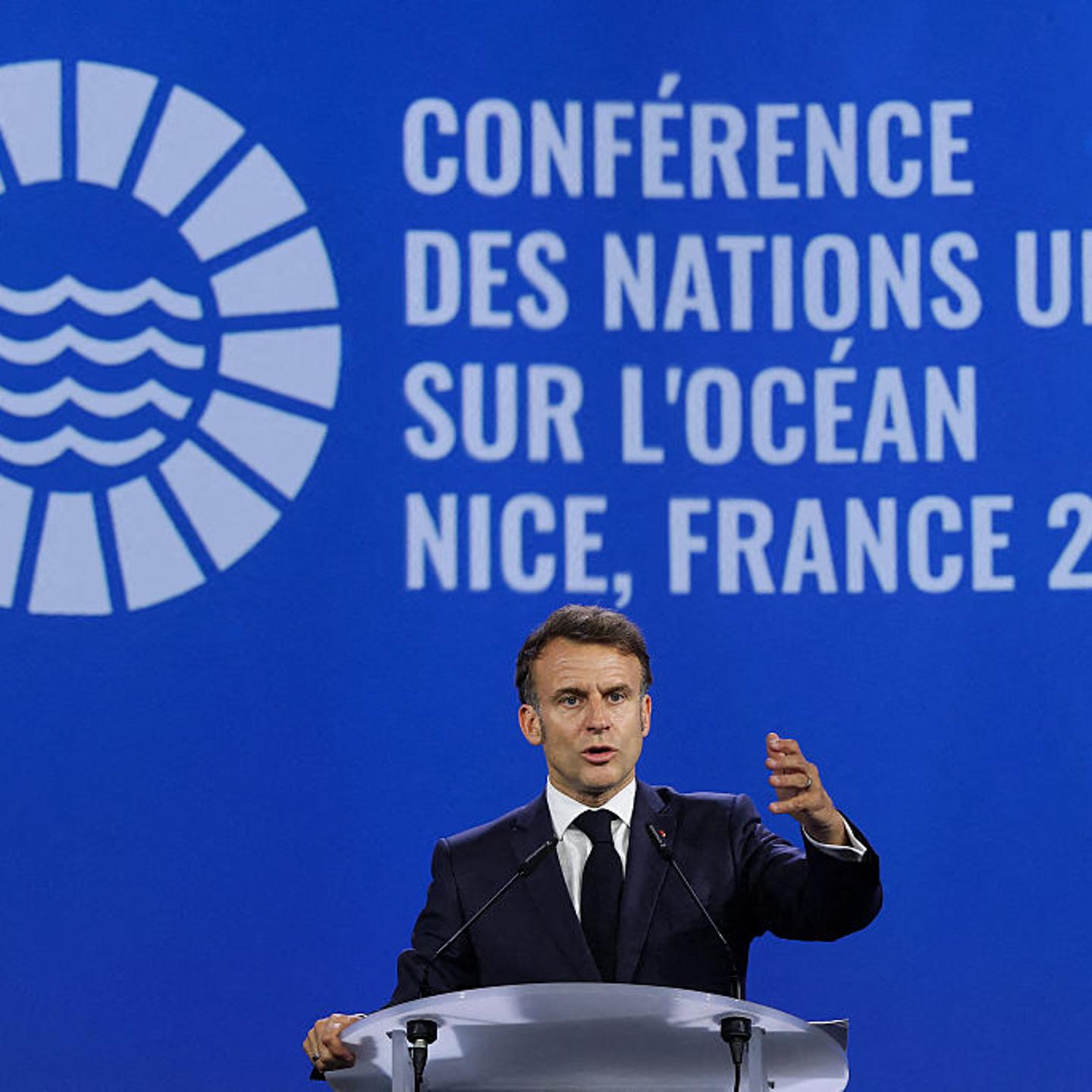 France's President Emmanuel Macron delivers a speech ahead of the third U.N. Ocean Conference in Nice, on June 8, 2025.