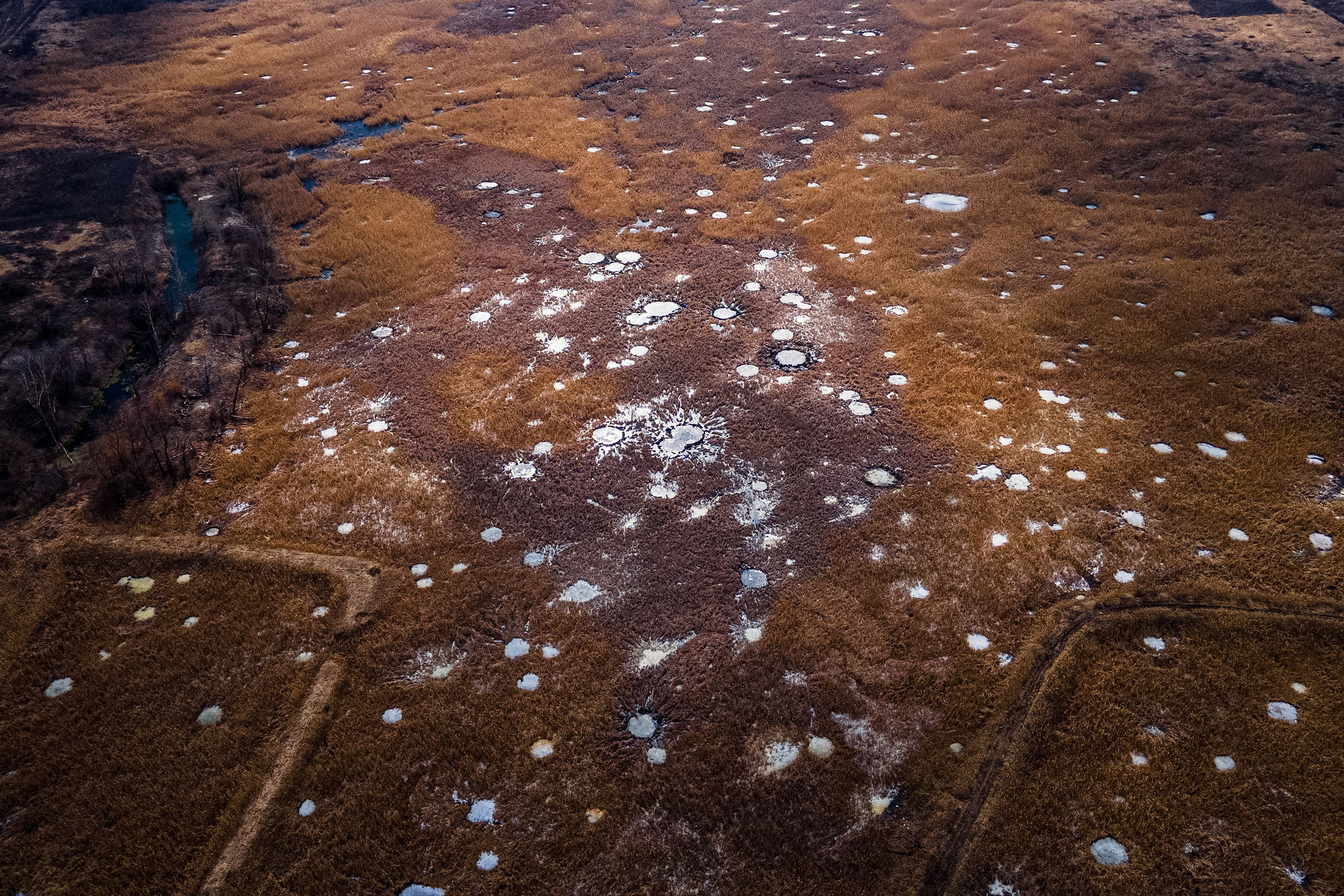 This aerial photograph taken on March 10 shows crater holes in the fields in Dolyna village, Donetsk region, Ukraine, following strikes amid the Russian invasion.