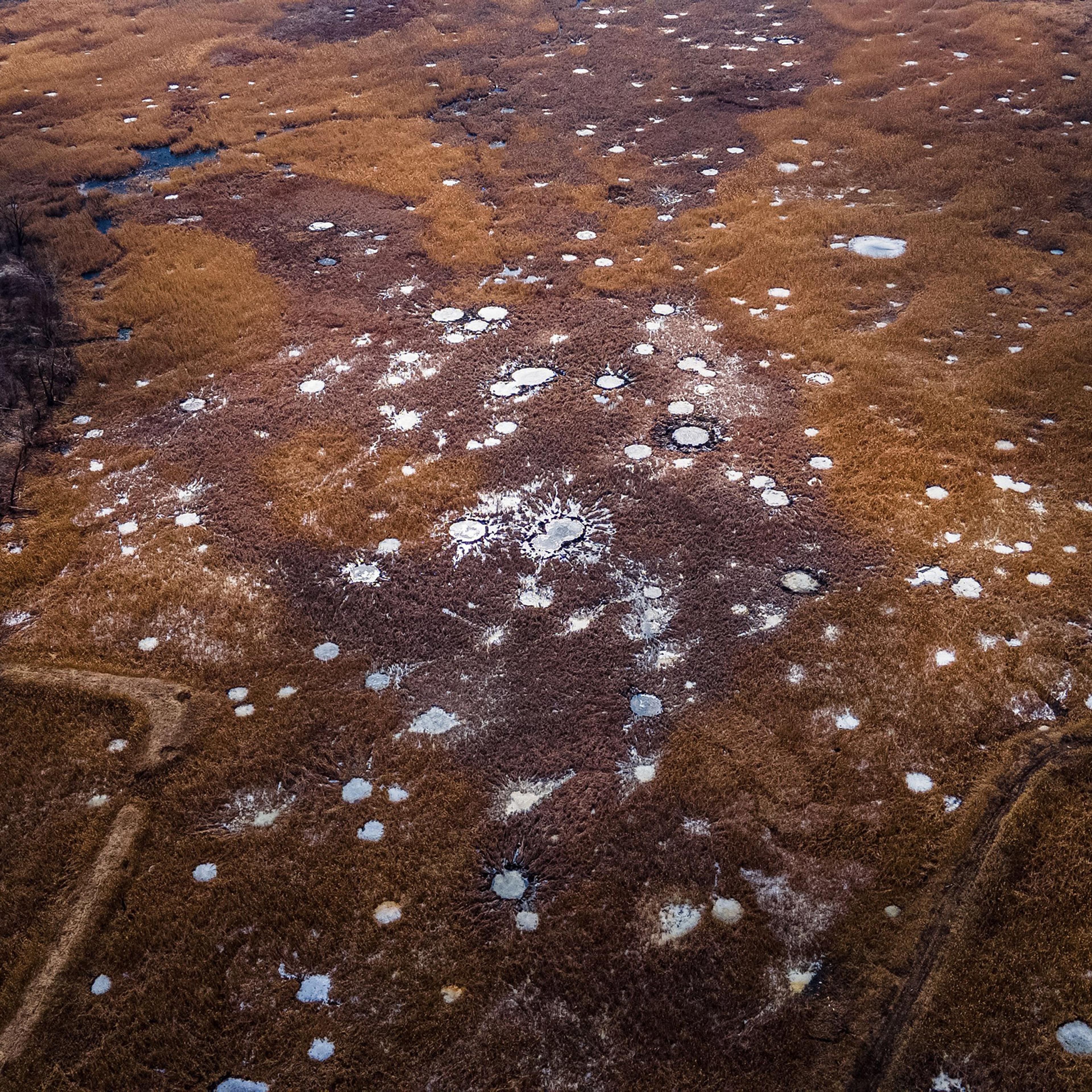 This aerial photograph taken on March 10 shows crater holes in the fields in Dolyna village, Donetsk region, Ukraine, following strikes amid the Russian invasion.