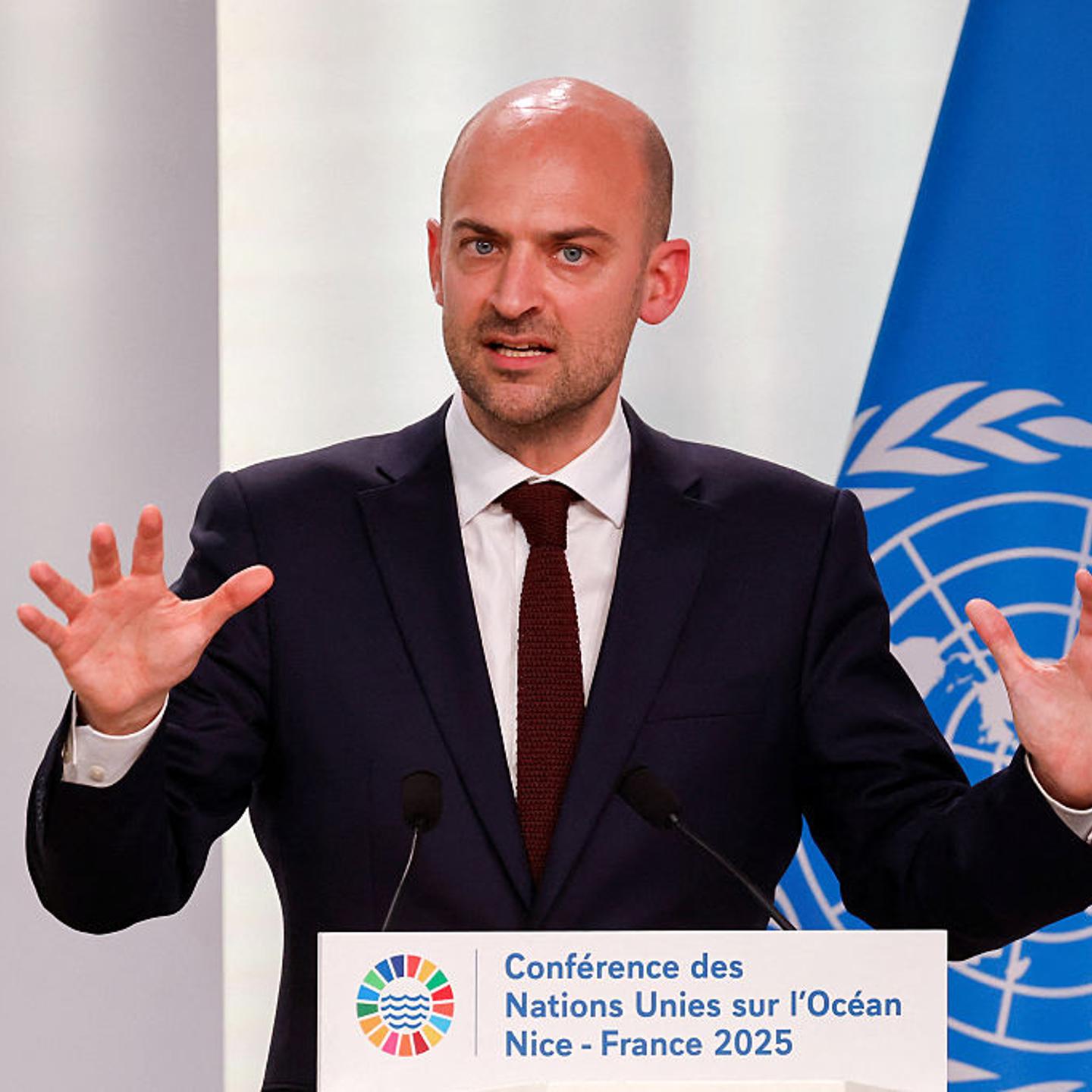 France's Minister for Europe and Foreign Affairs Jean-Noel Barrot addresses the audience during a plenary session on the second day of the United Nations Ocean Conference in Nice, France, on June 10, 2025.
