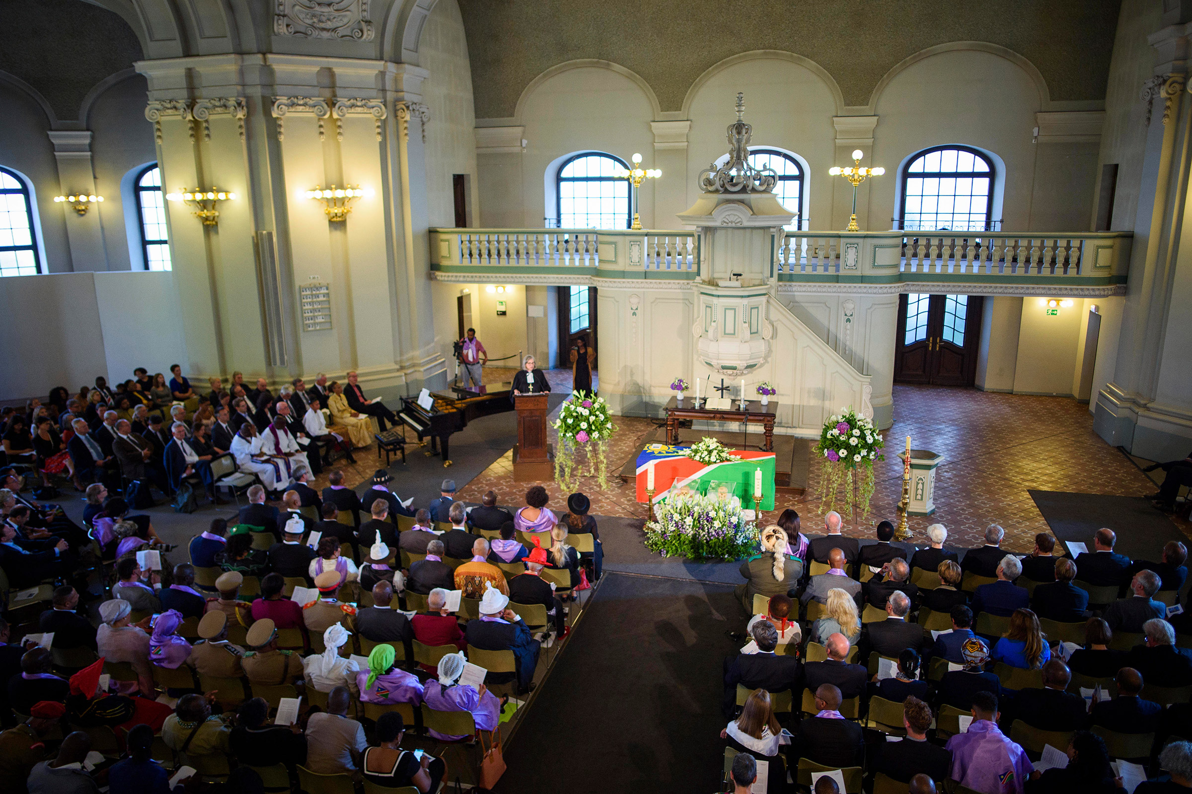 A ceremony is held for the victims of Namibian genocide, at the Friedrichstadt church in Berlin, on Aug. 29, 2018. At the invitation of the Evangelical Church and the Council of Churches in Namibia, the mortal remains of two victims of the genocide 1904-