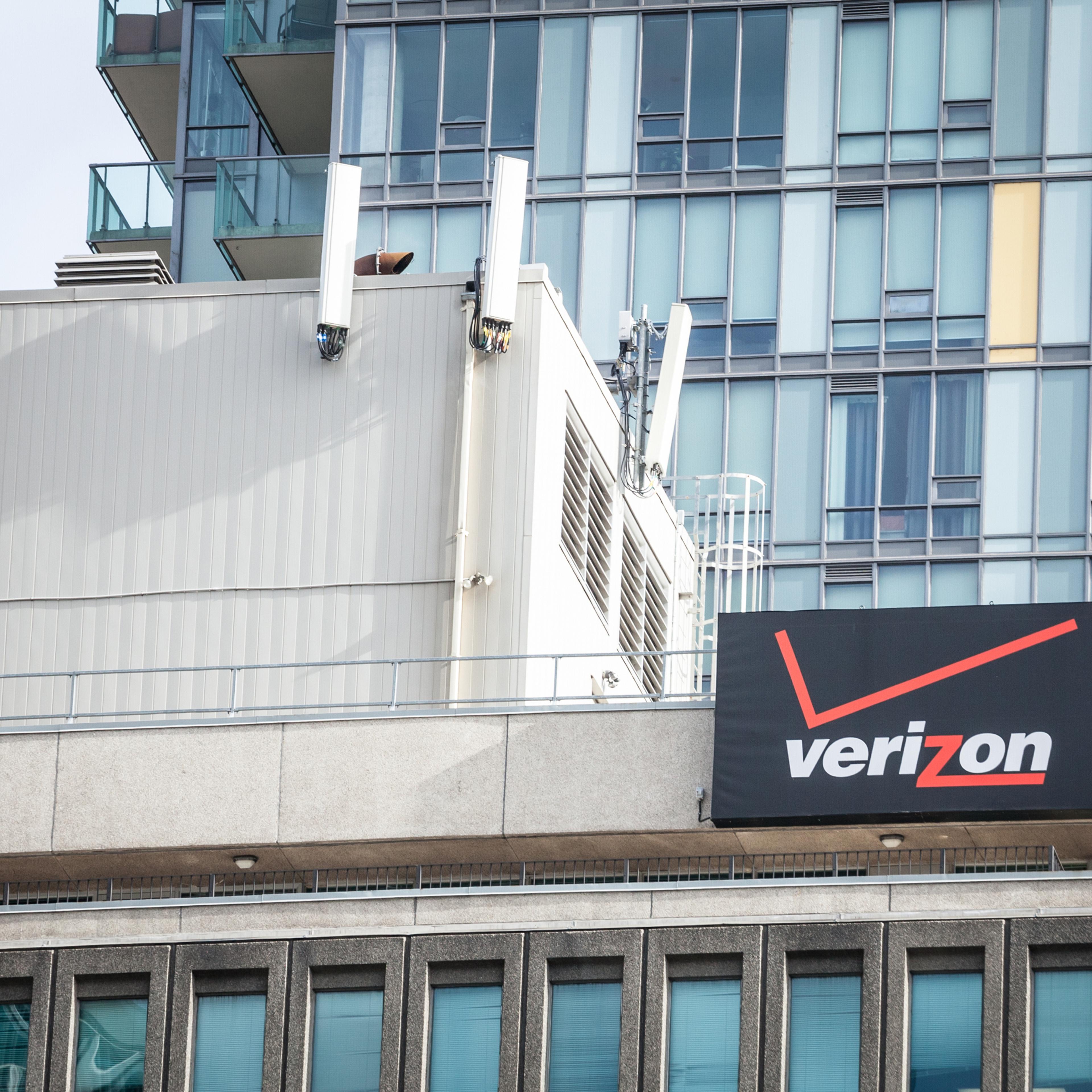 Verizon logo on their main office in Toronto, Ontario. Verizon is an american telecommunications and phone corporation, carrier and operator
