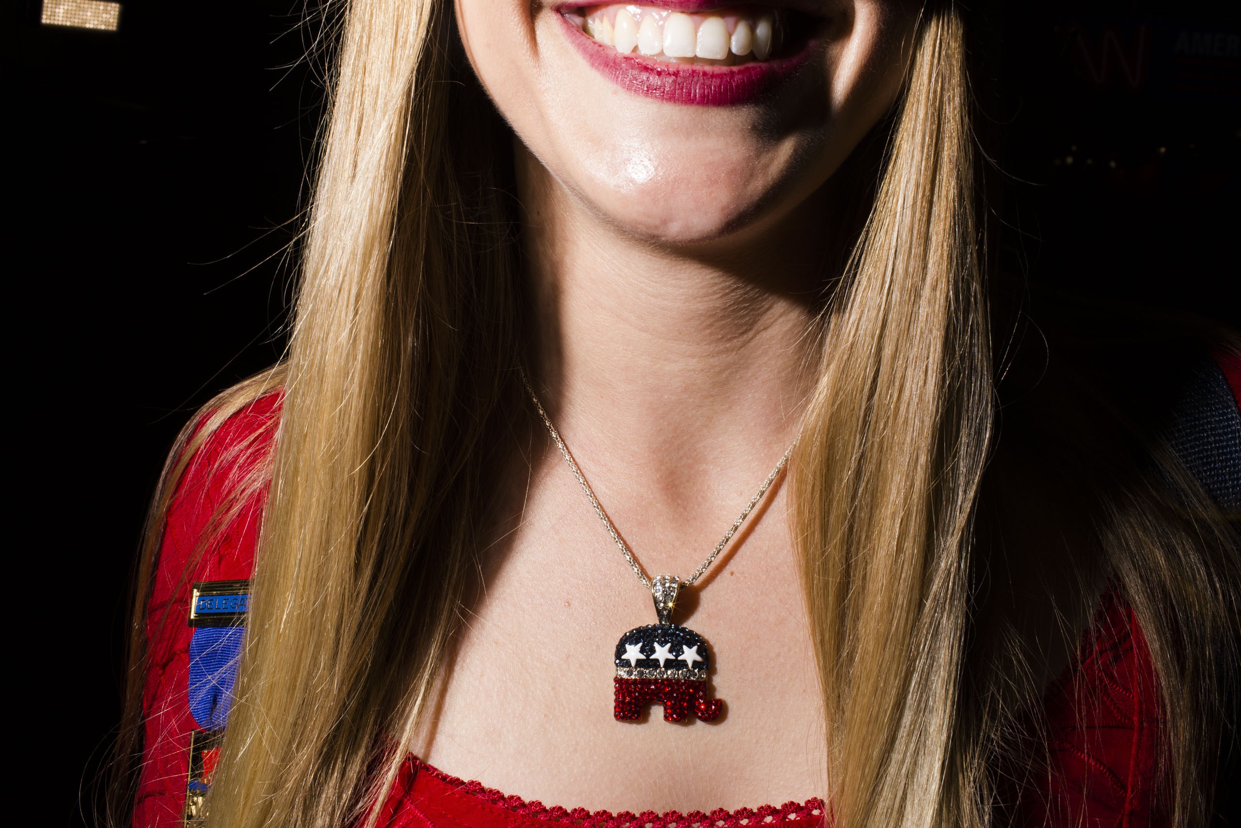 An elephant pendant is worn on the floor of the Republican National Convention in Cleveland on Tuesday, July 19, 2016.