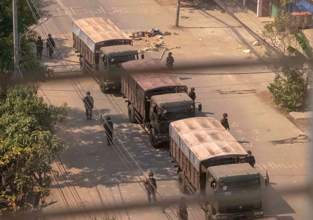 Myanmar military with military trucks seen during a