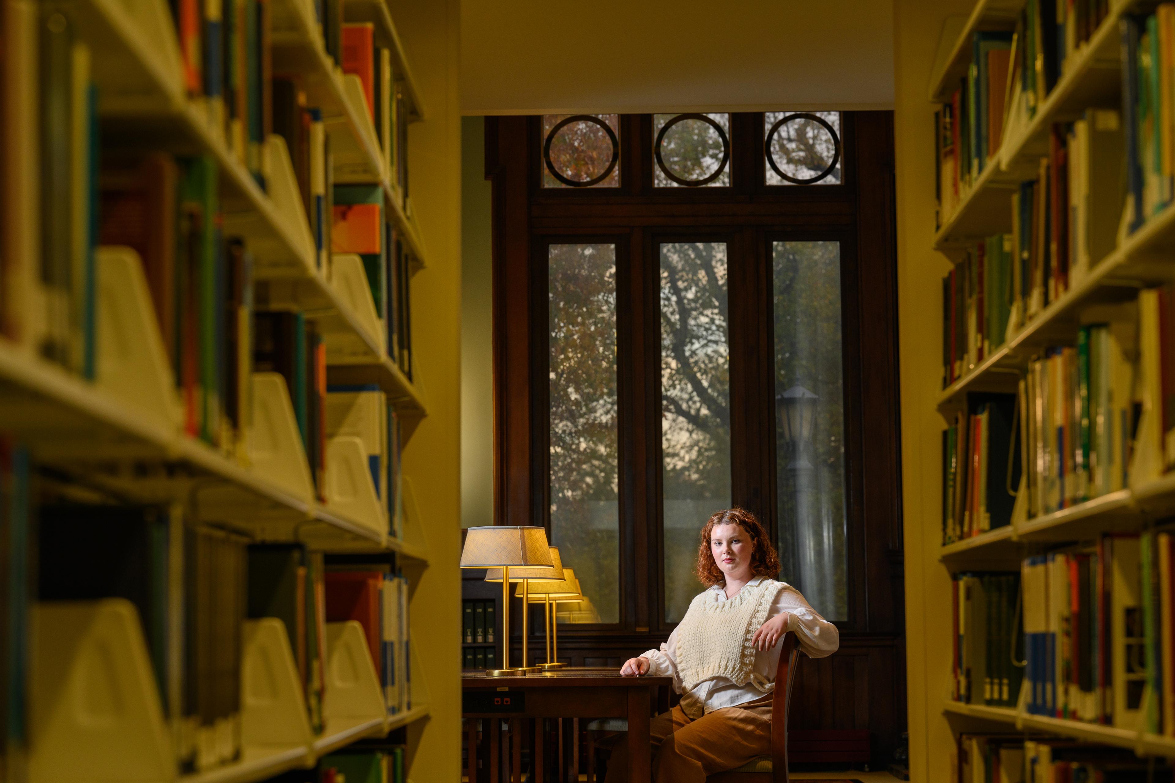Ava Fink, the chair of the campus’ College Democrats, at The College of Wooster’s Timken Science Library in Wooster, OH.