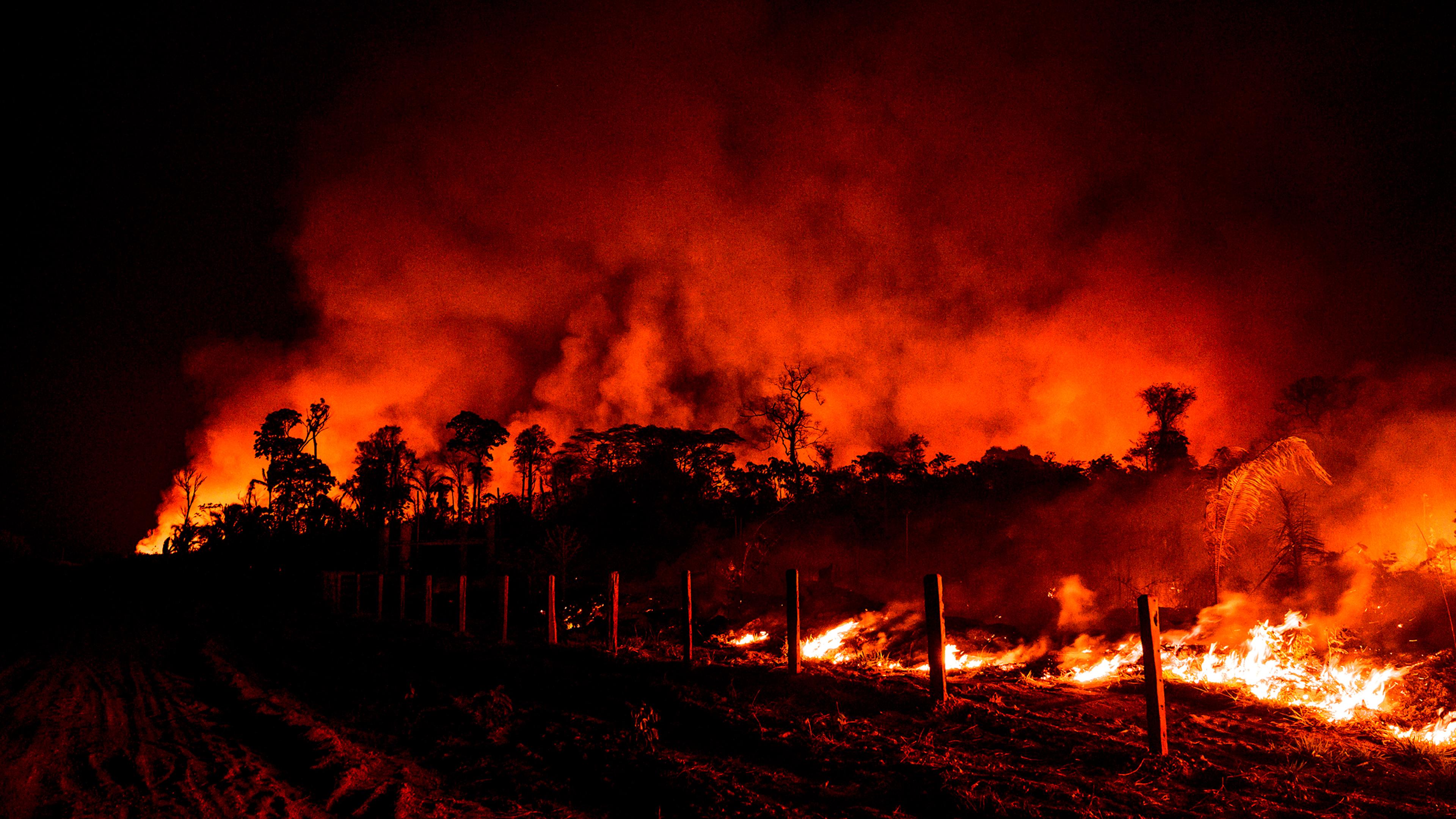 Fence posts are illuminated by nearby flames in the region of Vila Nova Samuel, near the Jacundá National Forest, in the Brazilian Amazon on Aug. 27.