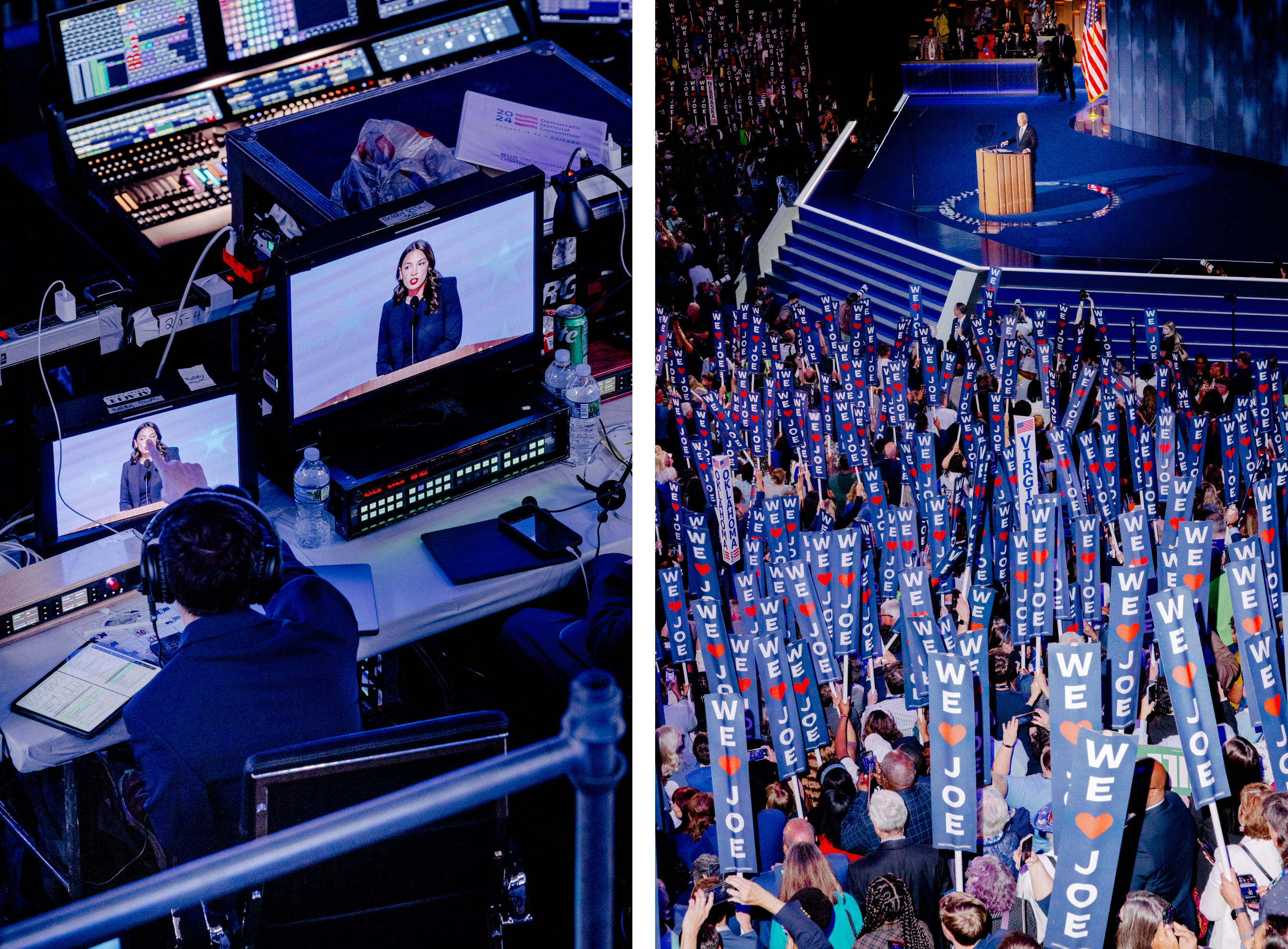 Day 1: Screens shows Representative Alexandria Ocasio-Cortez during her speech, Aug. 19; Day 1: Attendees hold 'We Love Joe' signs during President Joe Biden's Speech