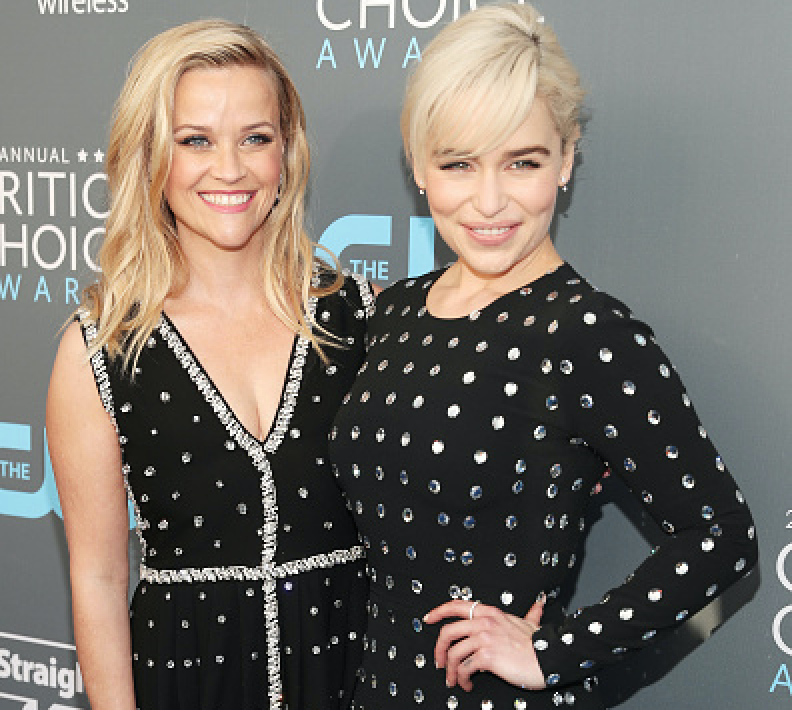 Actors Reese Witherspoon (L) and Emilia Clarke attend The 23rd Annual Critics' Choice Awards at Barker Hangar on January 11, 2018 in Santa Monica, California.