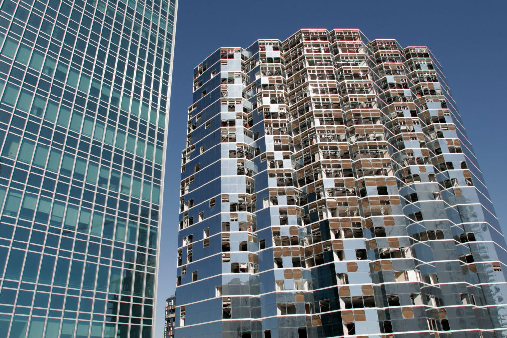 A high rise office building windows damaged by Hurricane Wilma in Miami, Florida, in 2005.