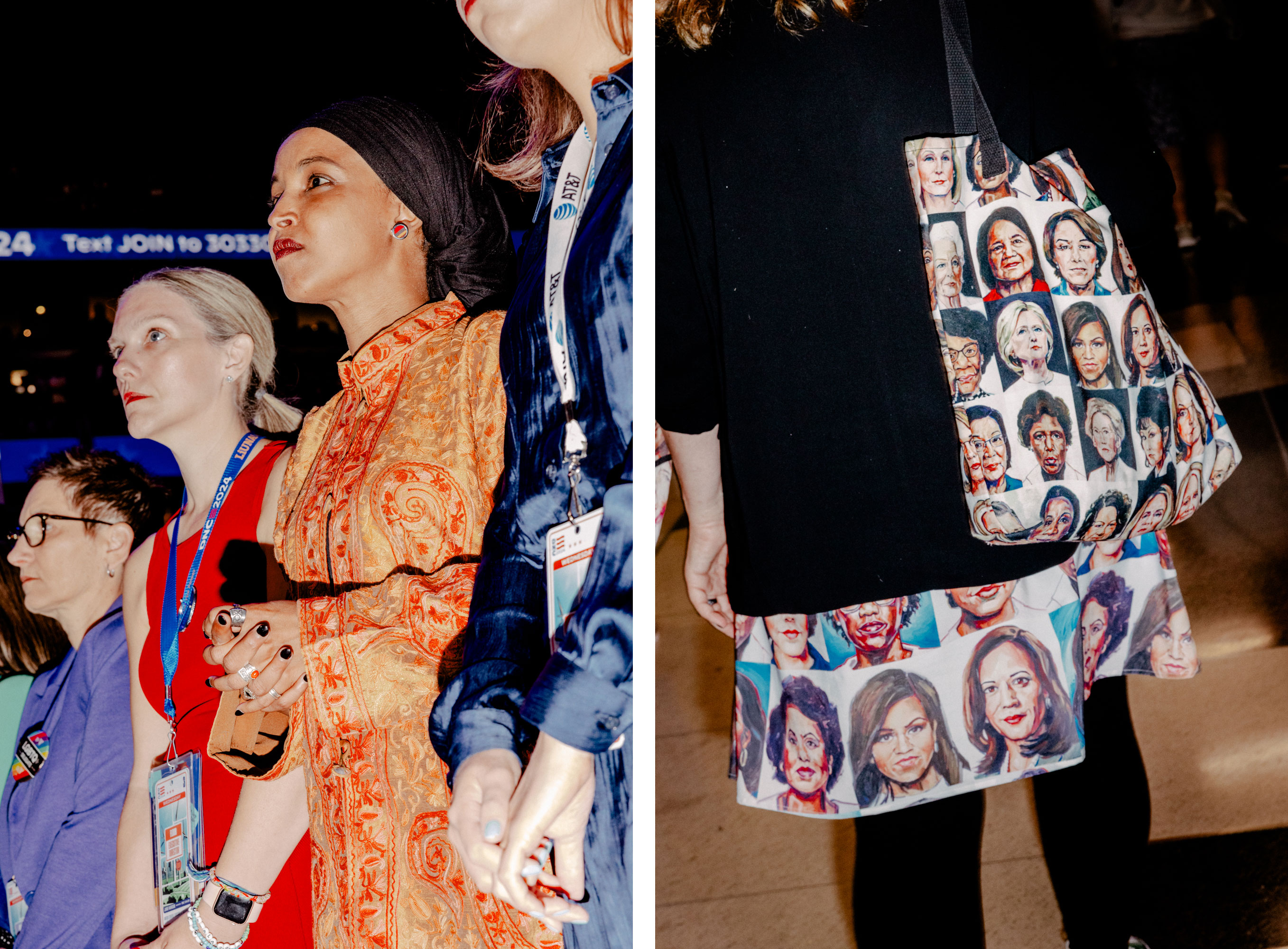 Day 3: Representative Ilhan Omar attends the DNC, Aug. 21; Day 2: An attendee wears a dress and bag covered with women in politics, Aug. 20