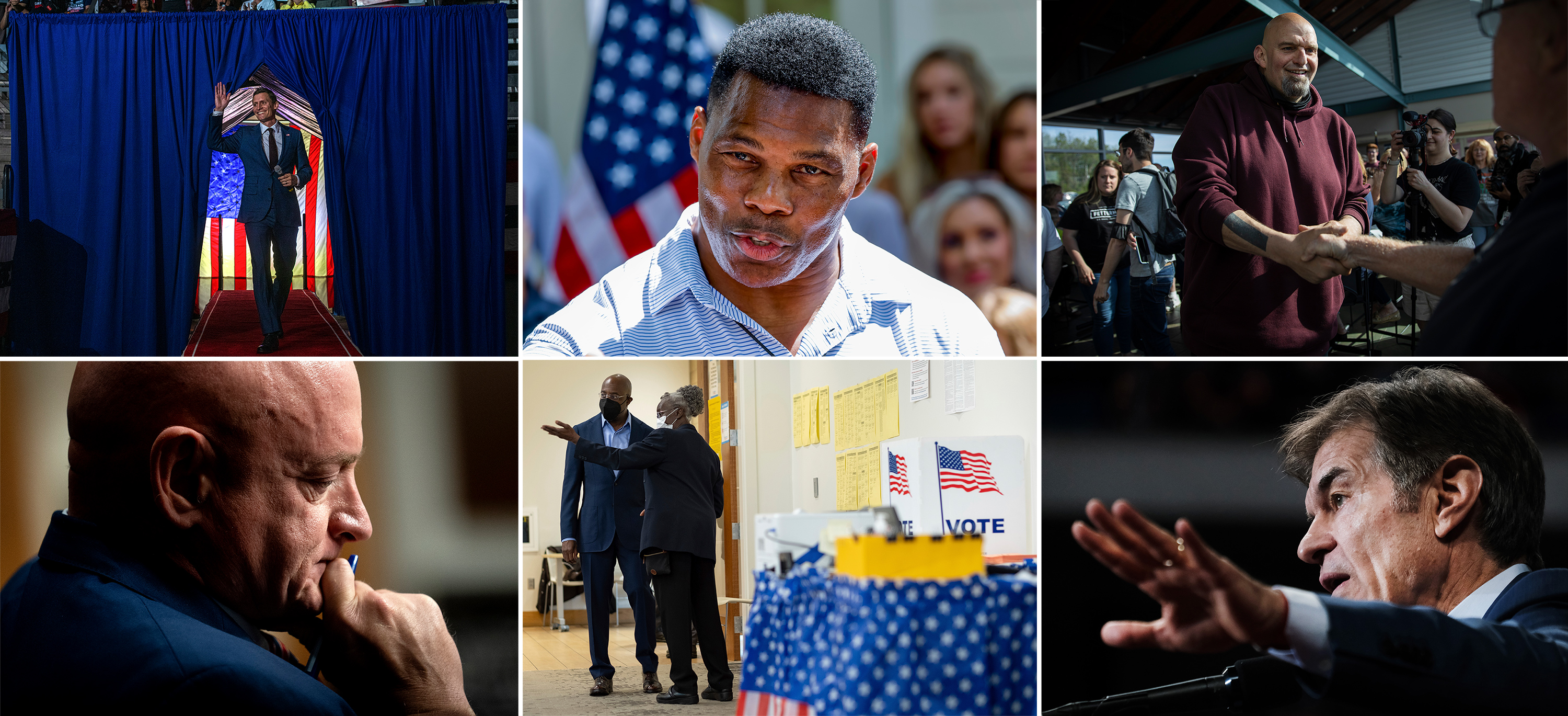 From top left: Blake Masters, Herschel Walker, John Fetterman, Mark Kelly, Raphael Warnock, and Dr. Mehmet Oz.
