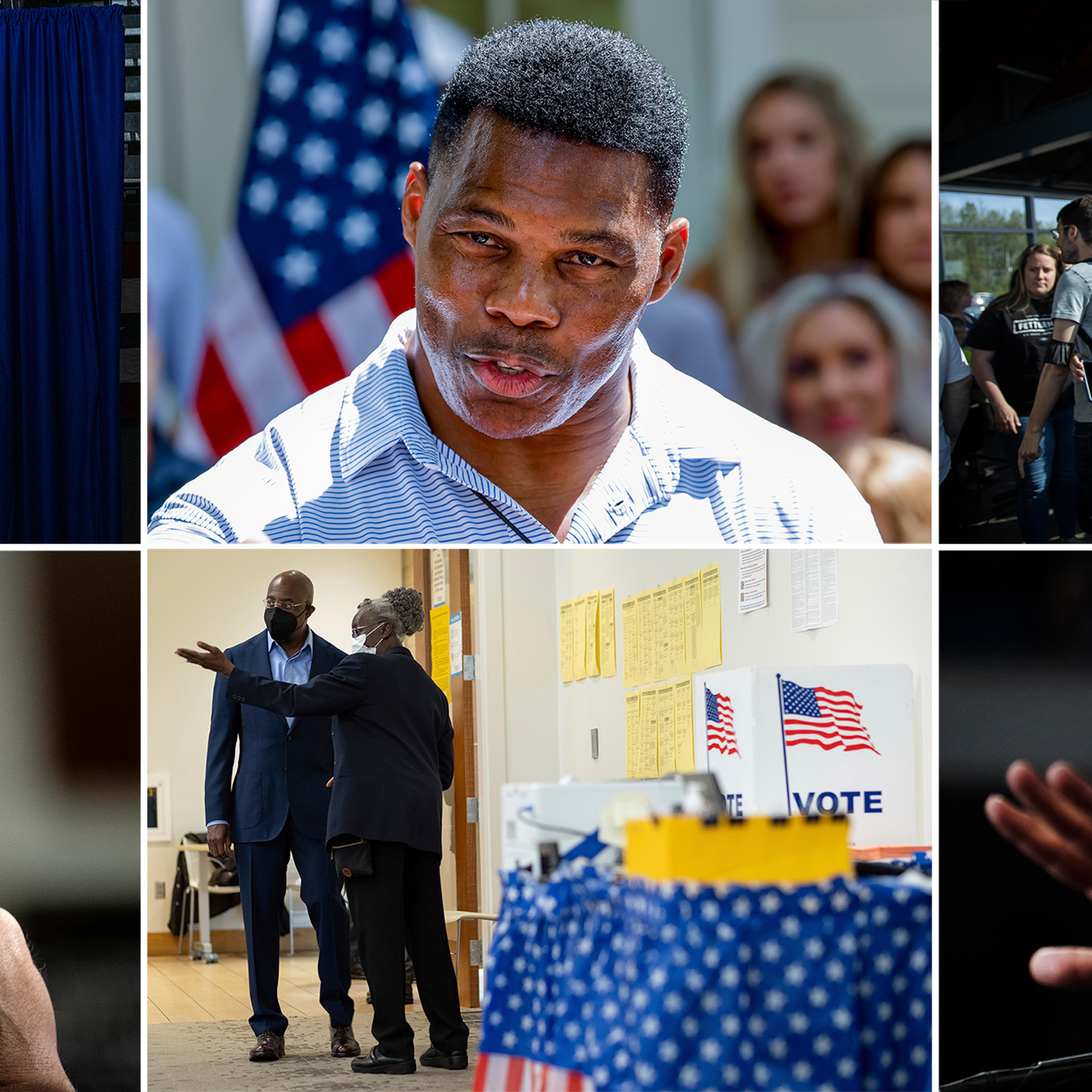 From top left: Blake Masters, Herschel Walker, John Fetterman, Mark Kelly, Raphael Warnock, and Dr. Mehmet Oz.