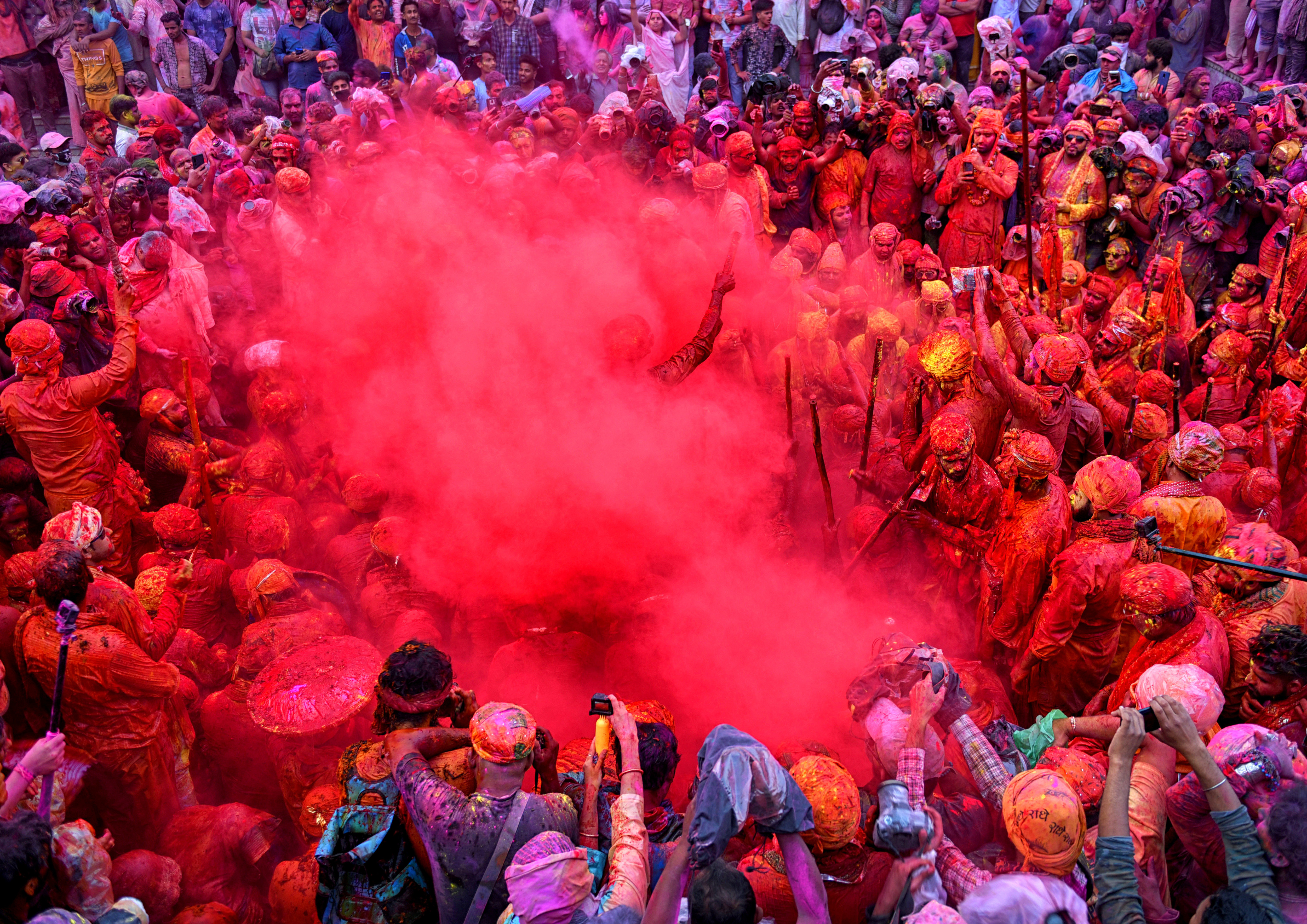 Hindu Devotees Celebrate Holi, the Festival of Colors