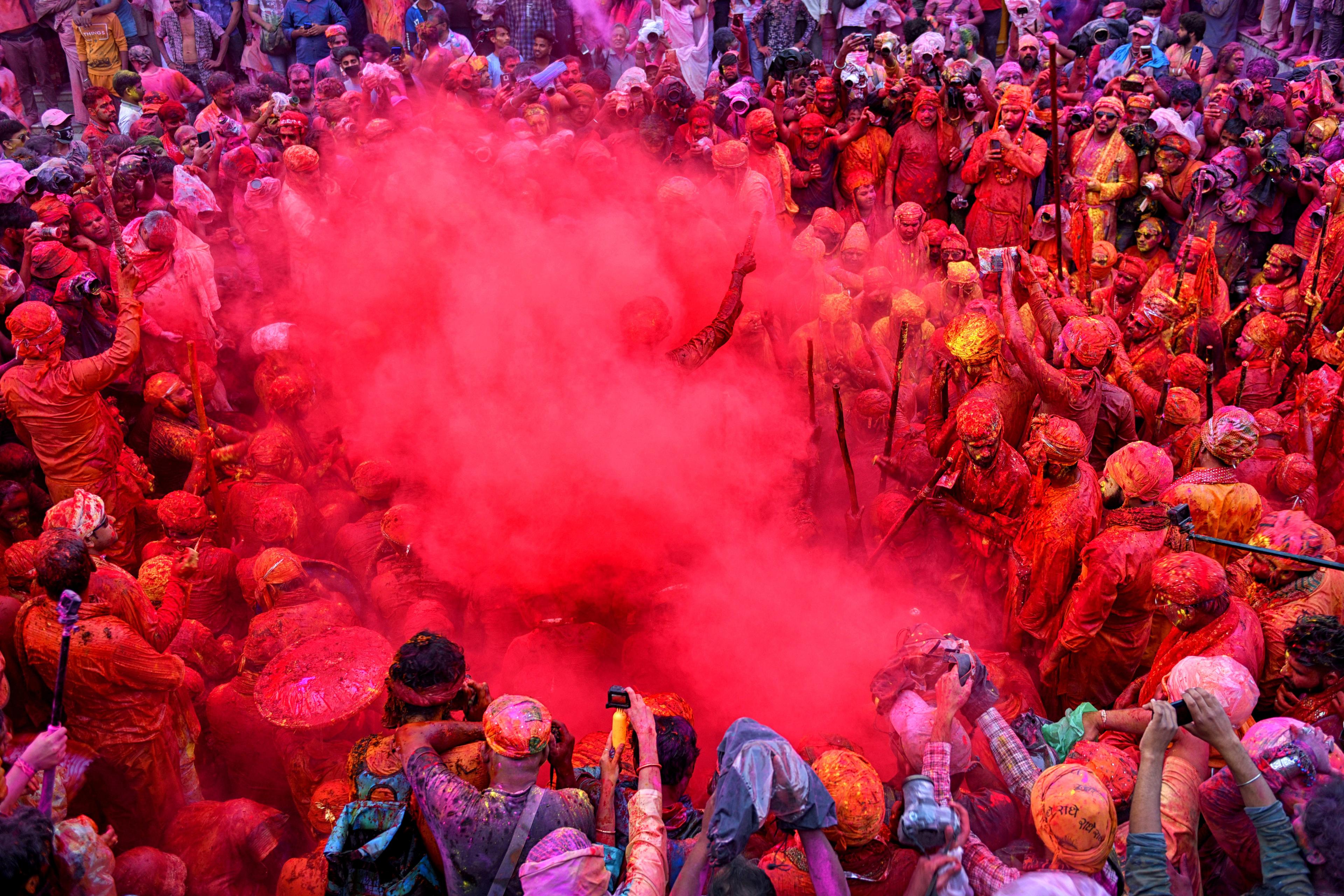 Hindu Devotees Celebrate Holi, the Festival of Colors