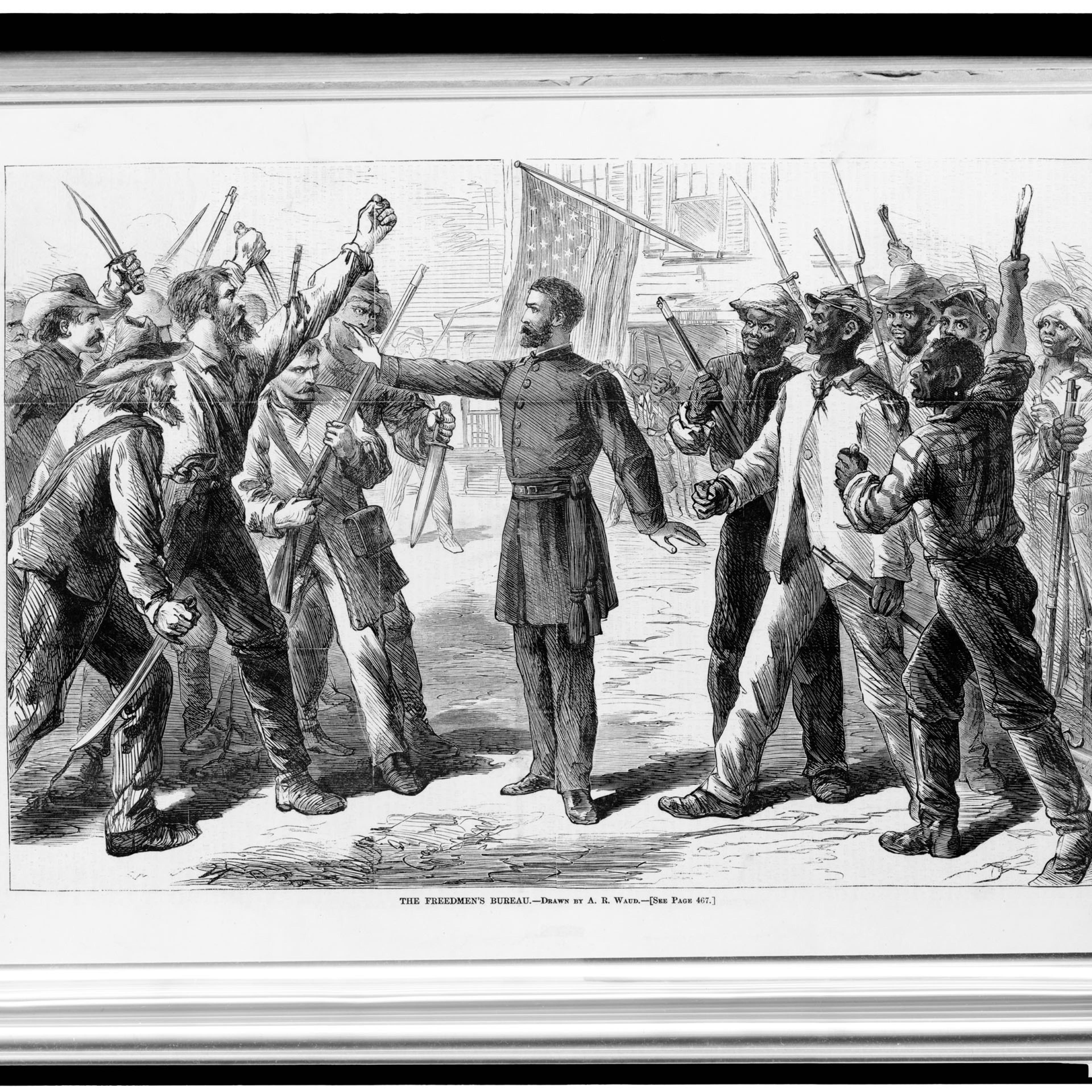 Man representing the Freedman's Bureau stands between armed groups of Euro-Americans and Afro-Americans.