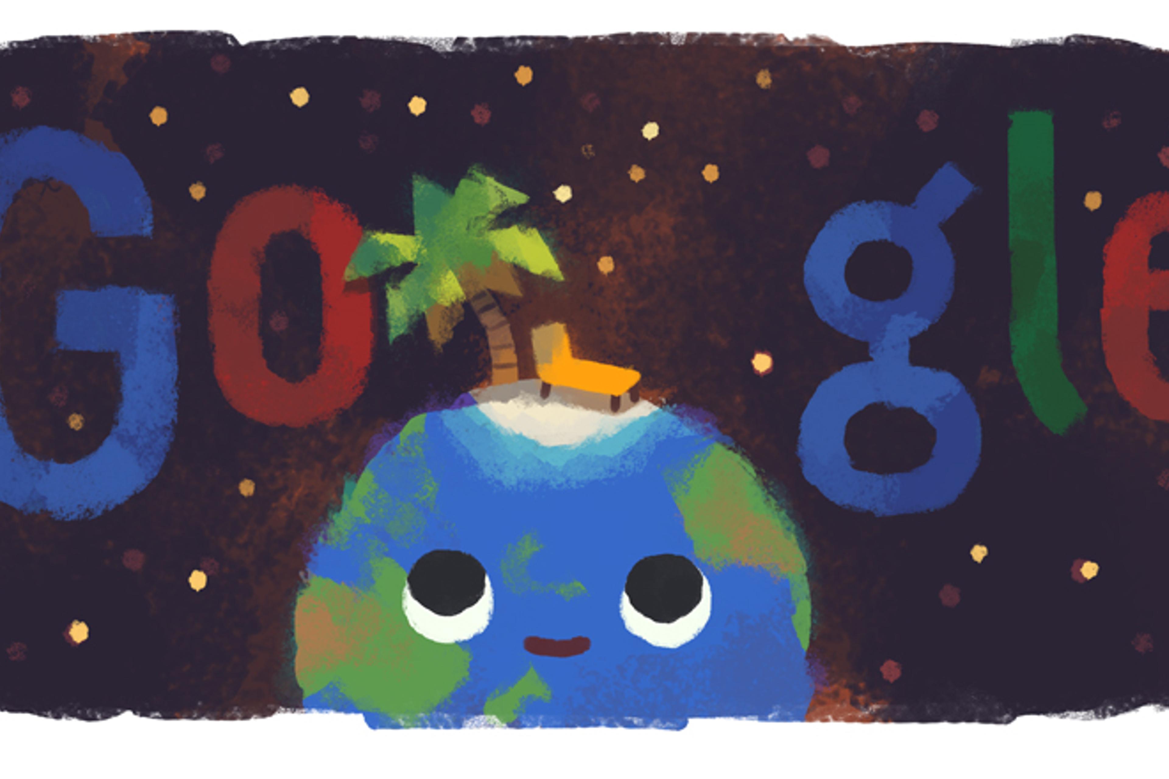 Pastel drawing of the earth with a palm tree and beach chair on the top. Google logo affixed above globe.