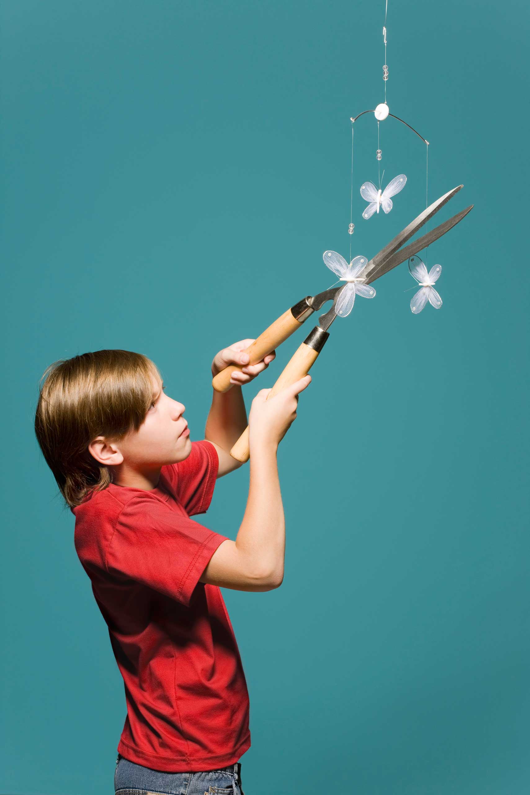 Boy using hedge clippers to cut down butterfly mobile