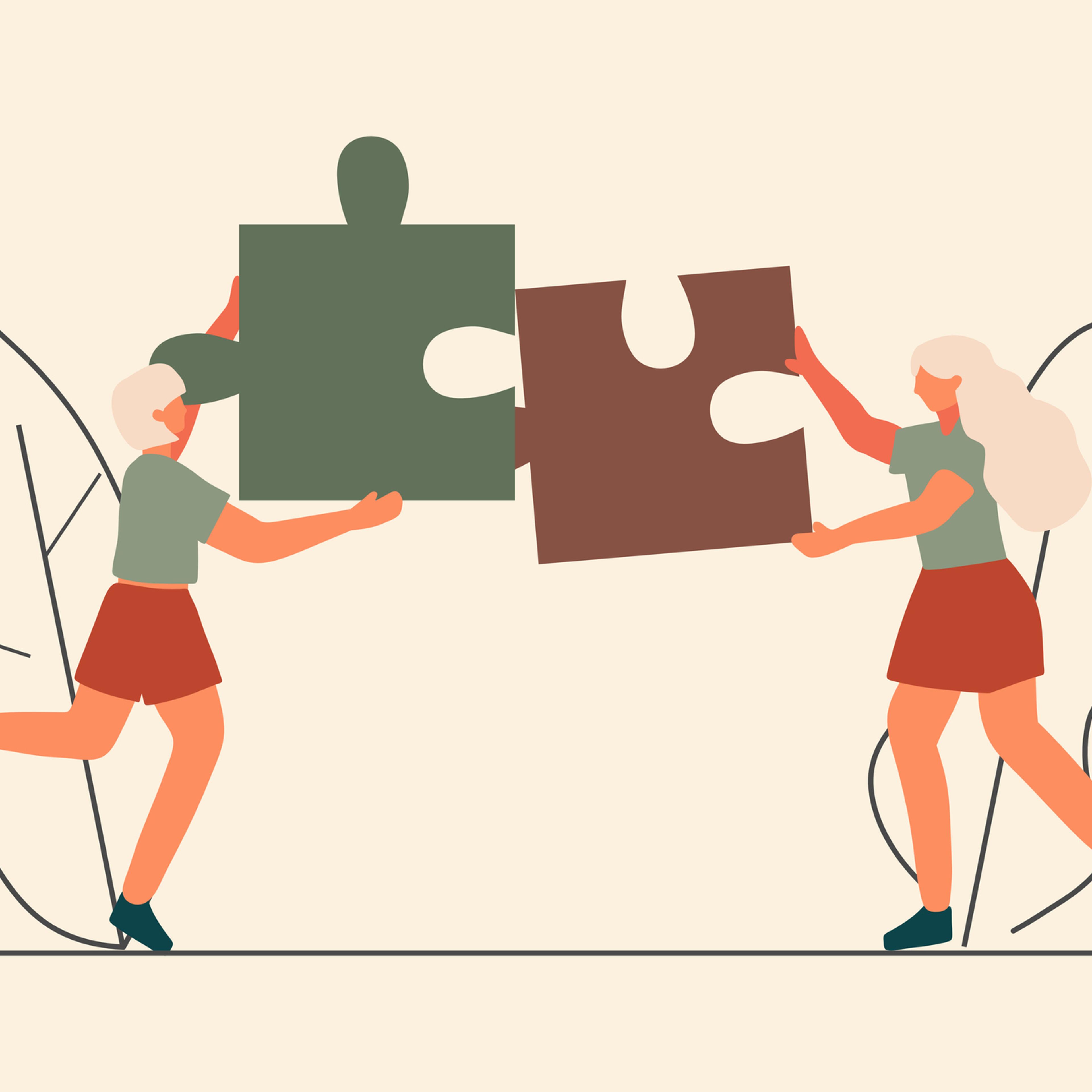 An illustration of two people completing a puzzle.