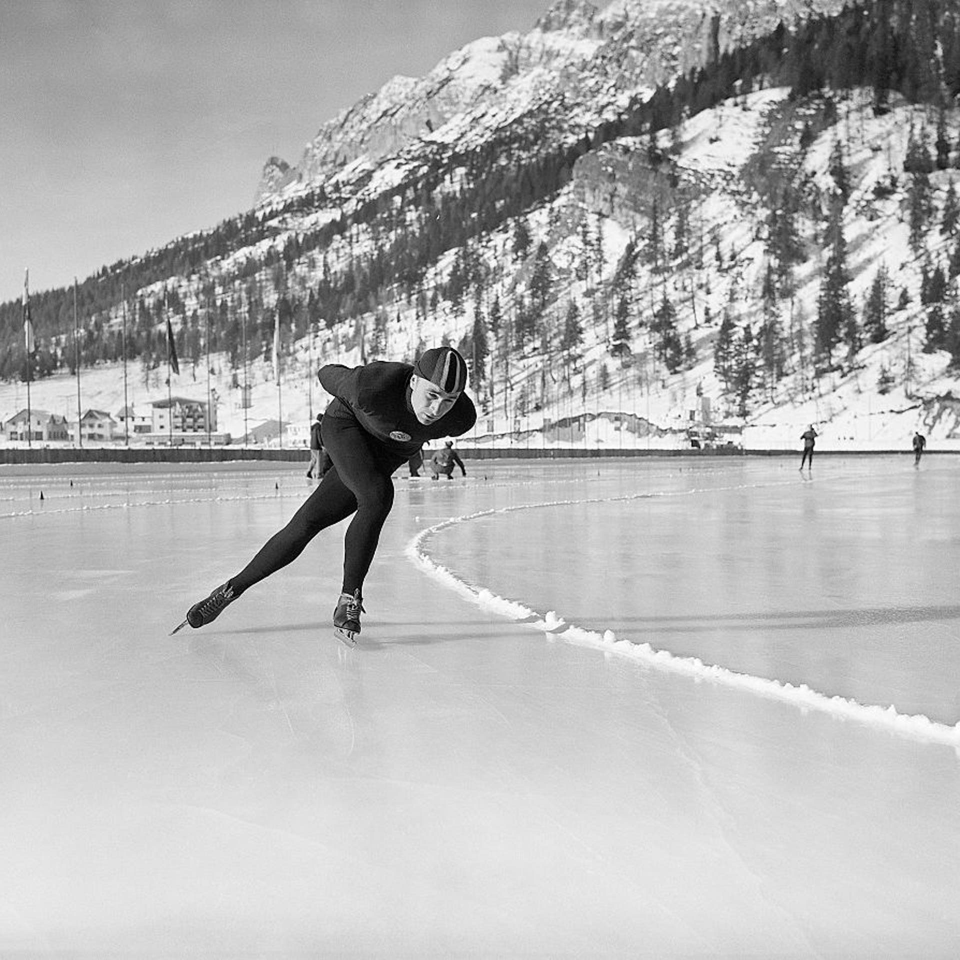 Yevgeny Grishin of Russia winning the 500-meter speed skating event at the 1956 Winter Olympics, Cortina, Italy.
