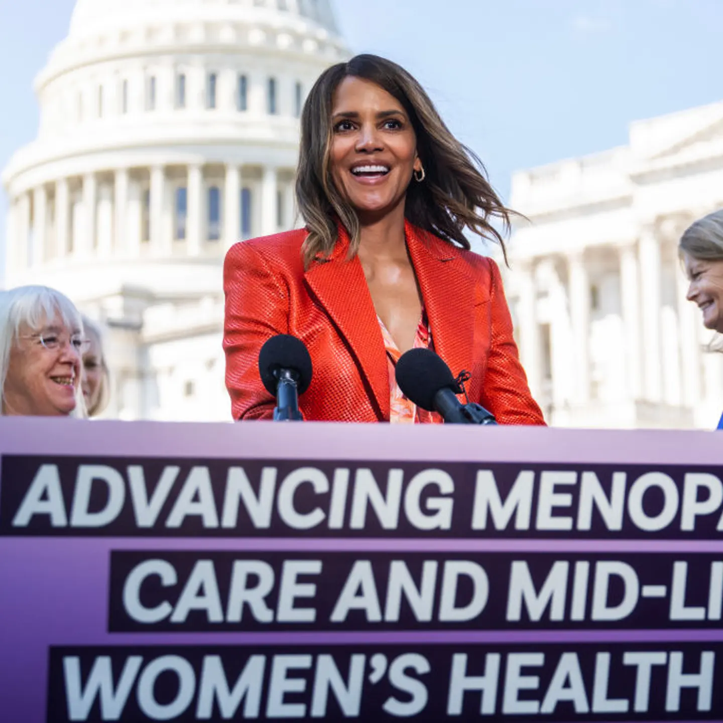Halle Berry speaks during news conference on bipartisan legislation to raise federal research on menopause outside the U.S. Capitol on May 2, 2024.