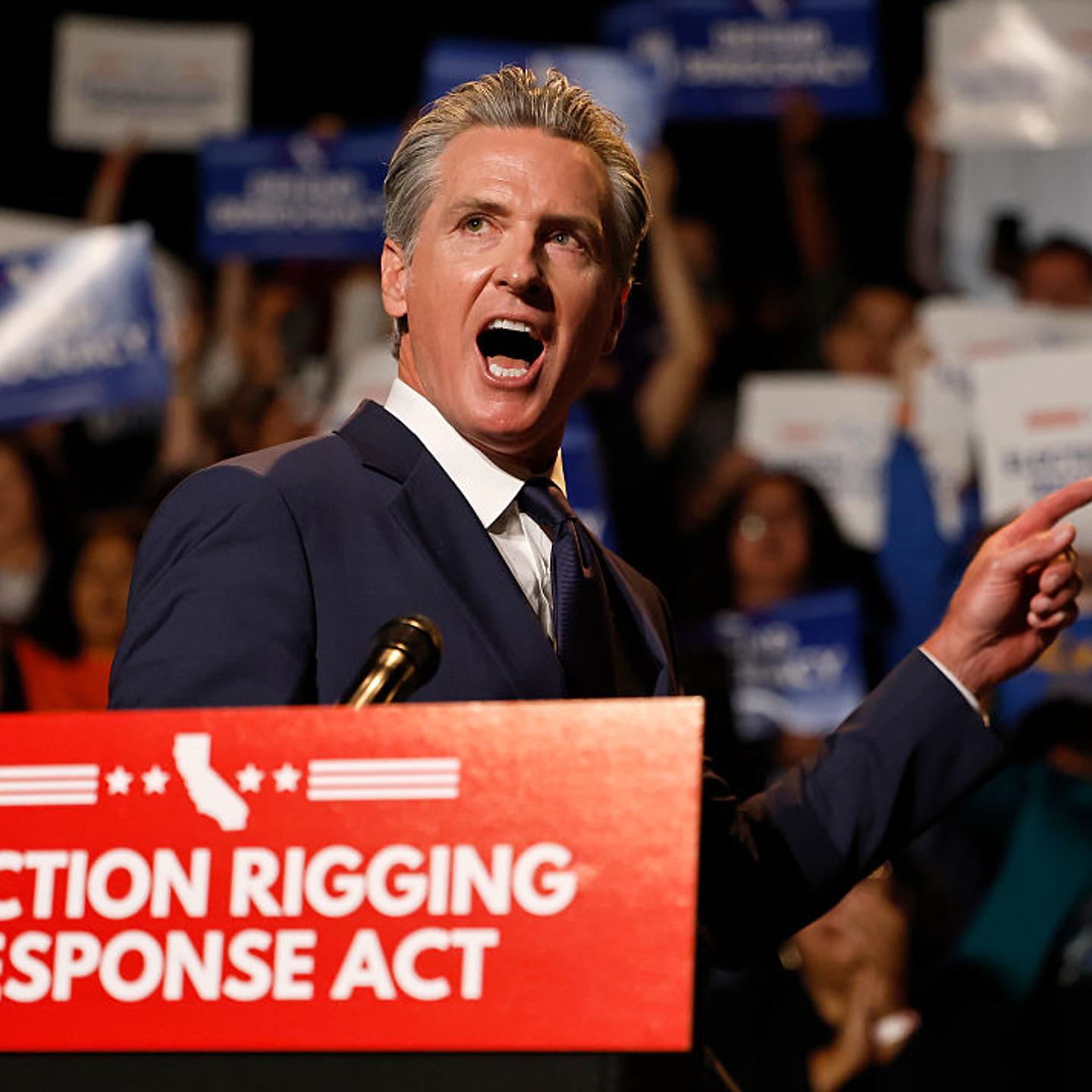 California Gov.Gavin Newsom speaks about the “Election Rigging Response Act” at a press conference at the Democracy Center, Japanese American National Museum in Los Angeles, California on Aug. 14, 2025.