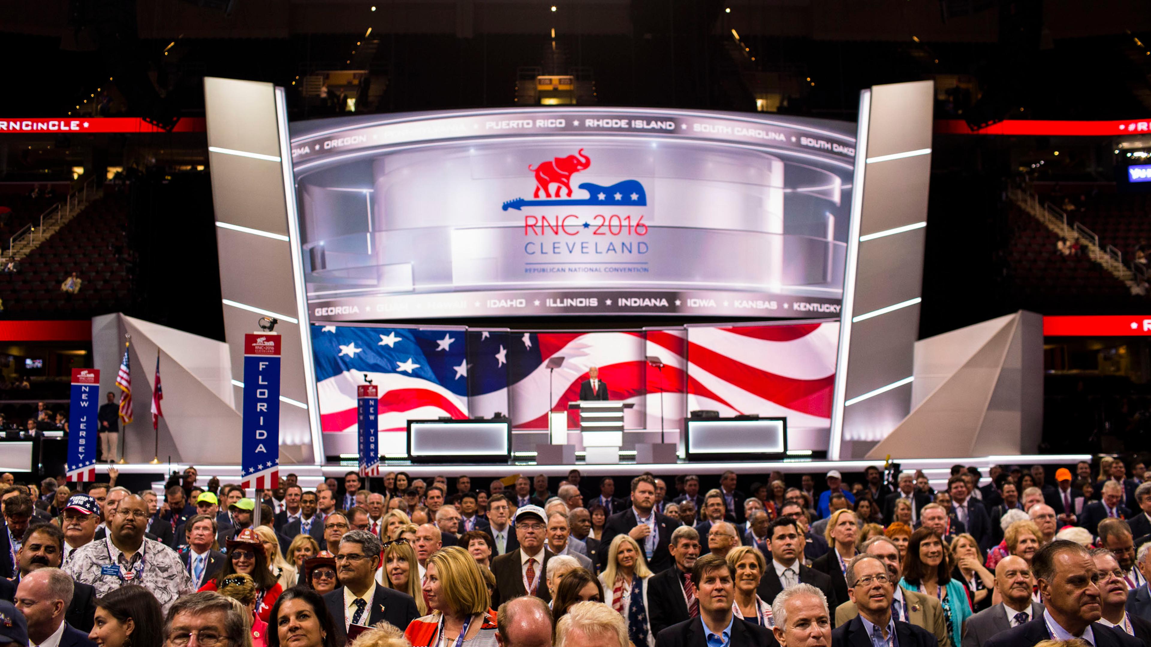 Delegates pose for a group photo at the Republican National Convention on Monday, July 18, 2016, in Cleveland.