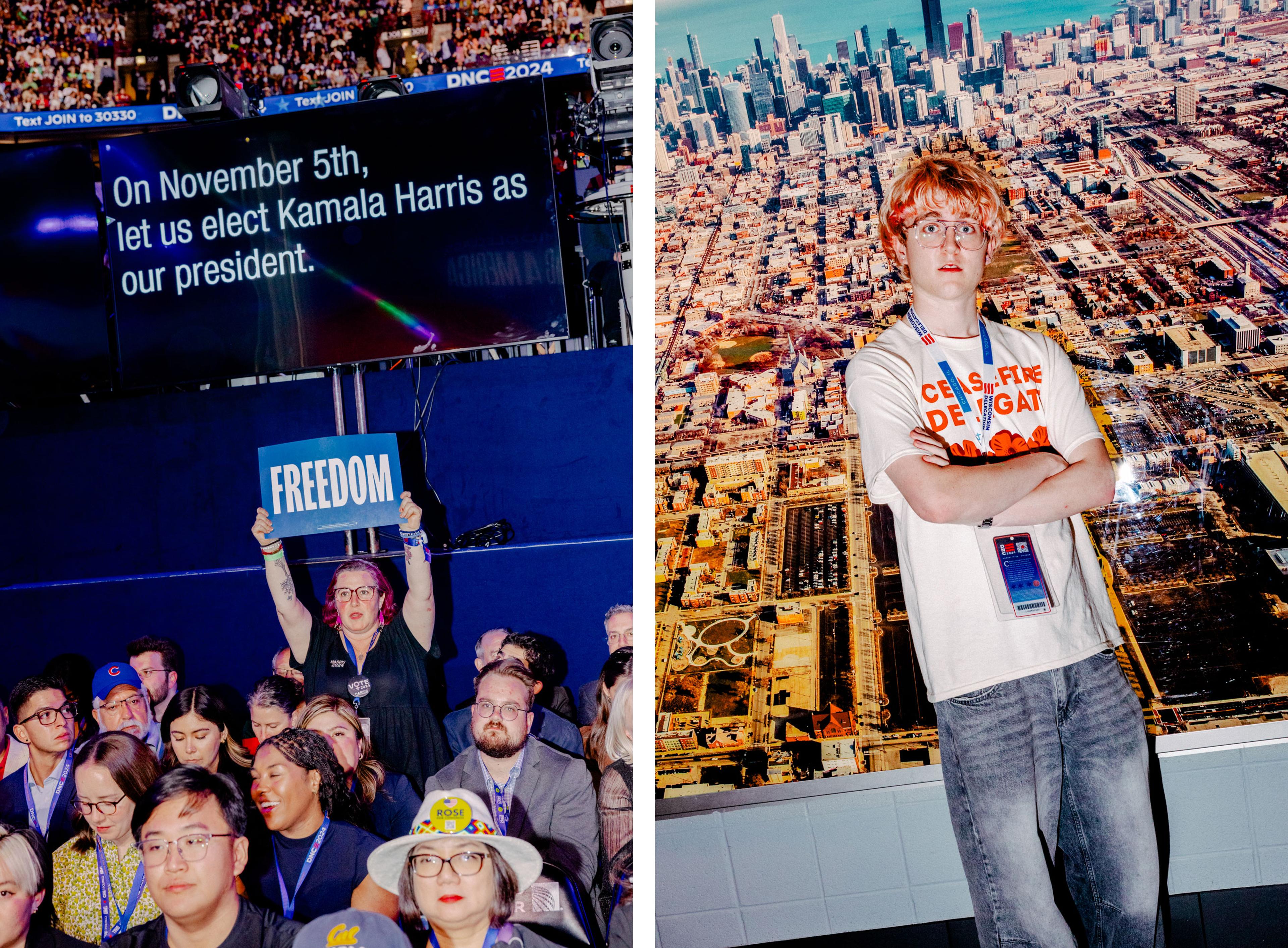 <b>Day 2</b>: An attendee in the crowd holds up a 'freedom' sign, Aug. 20; <b>Day 1</b>: A delegate wears a 'Ceasefire Delegate' shirt, Aug. 19