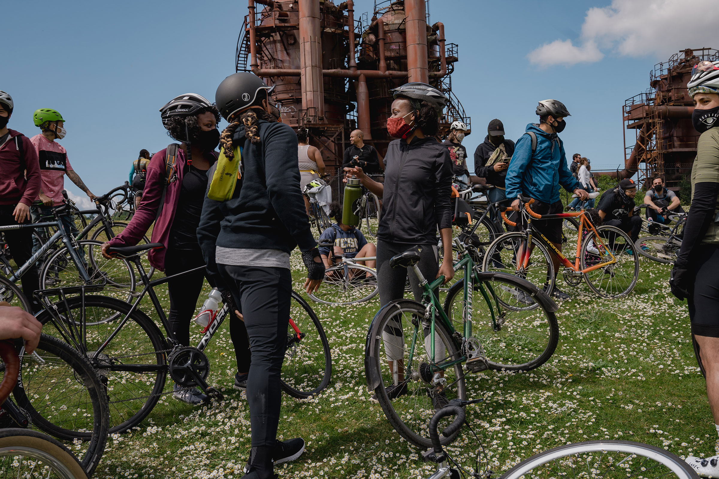 Members of the NorthStar Cycling Club at Gas Works Park in Seattle, during the club’s weekly “Sunday Service” ride, on May 2, 2021.